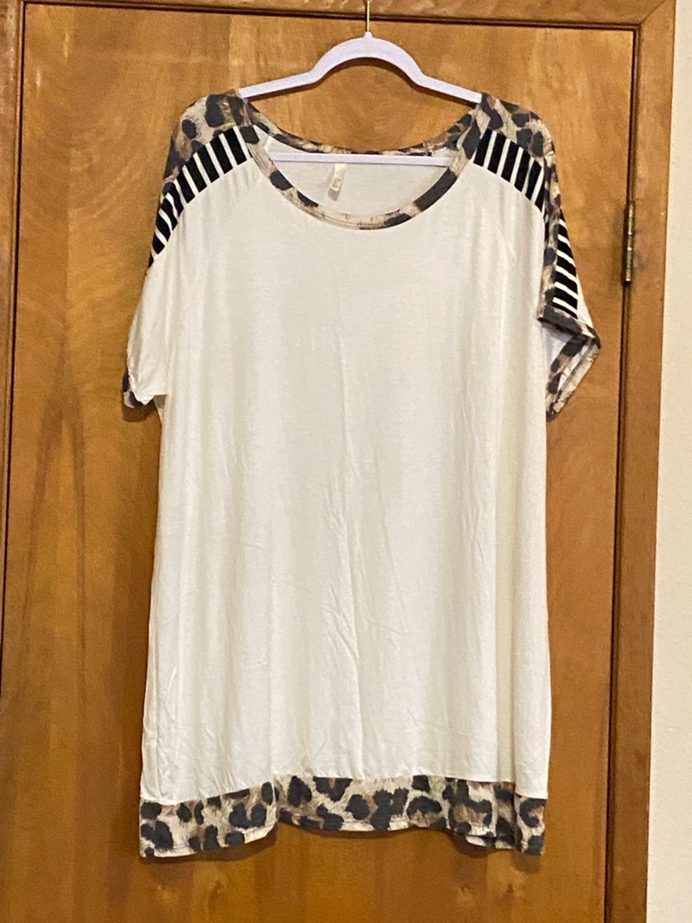 Celeste Cream Short-Sleeve Tunic with Leopard & Black Stripe Accents